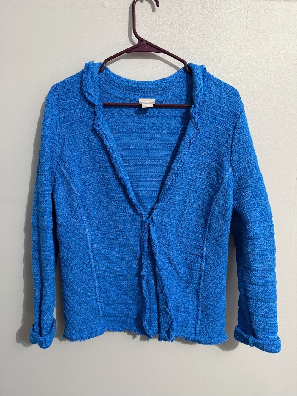 Chicos Jacket Womens 1 Medium Fringe Royal Blue Unlined Knit Blazer Stretch